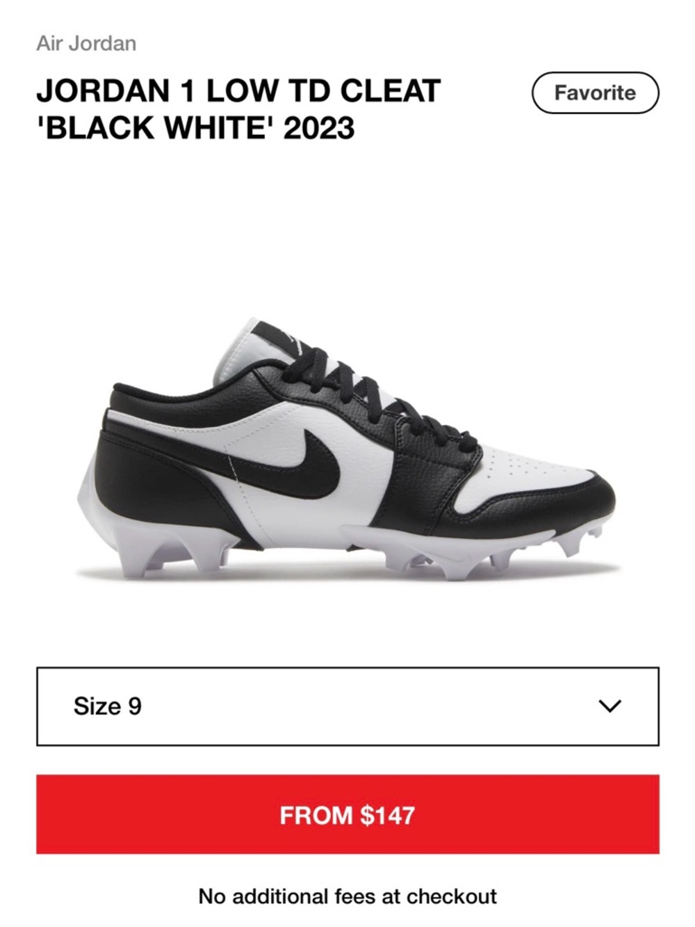 Nike Jordan 1 LOW TD CLEAT 'BLACK WHITE' - Size 9 - comes with box!